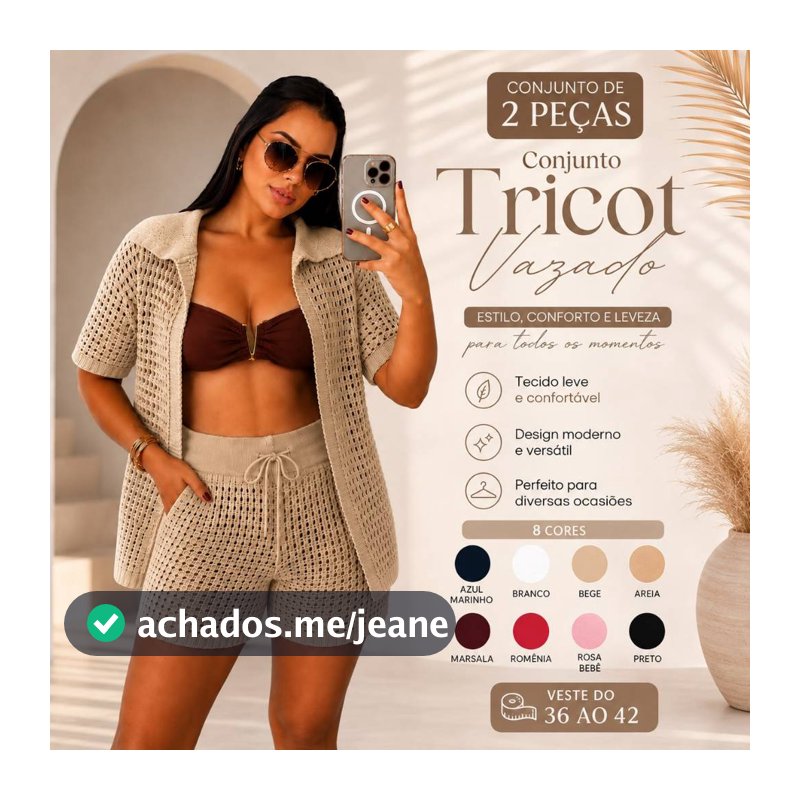 Conjunto Croche Saida de Praia Feminino Shorts e Camisa Polo Aberta Tricot Estilo Elegante duas Peças