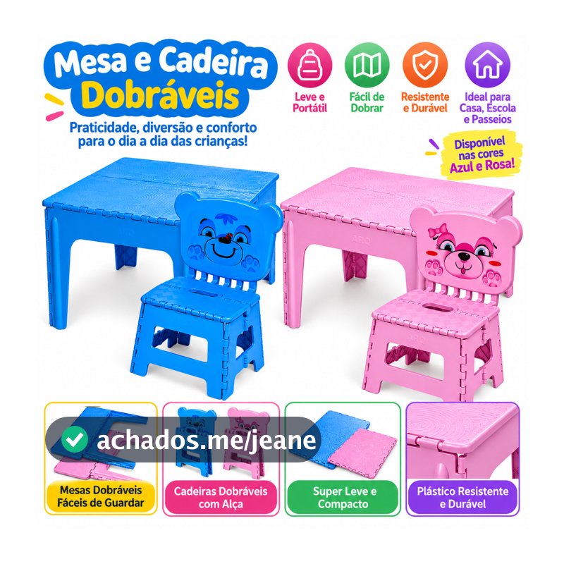 Kit Mesa Infantil Dobrável Banqueta Encosto Arqplast Criança Brinquedo