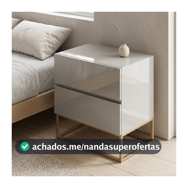 Mesa Cabeceira Eros 45cm 2 Gavetas estilo Industrial com Pés Dourado