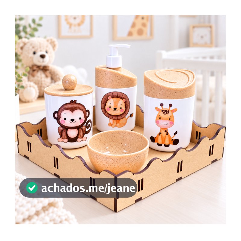 Kit Higiene Bebê Safari c/ Bandeja Quadrada Crua em MDF