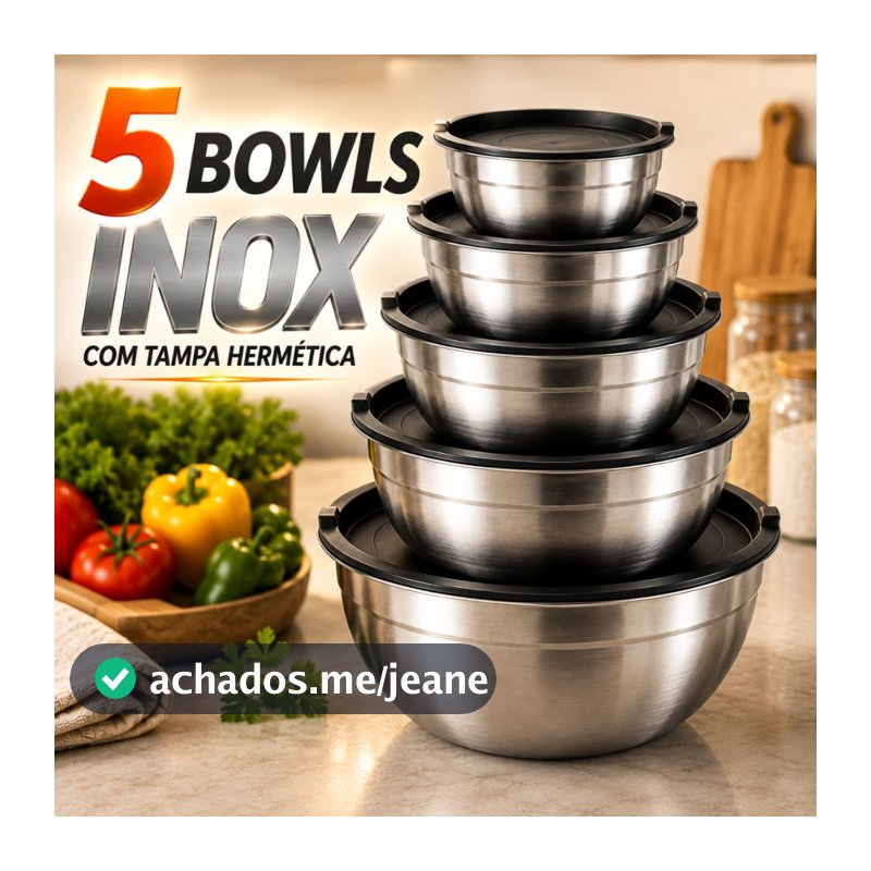 Bowl Inox com Tampa Tigela Saladeira Pote Aço Inox Empilhável Cozinha Kit 3 ou 5 Peças Pratitudo