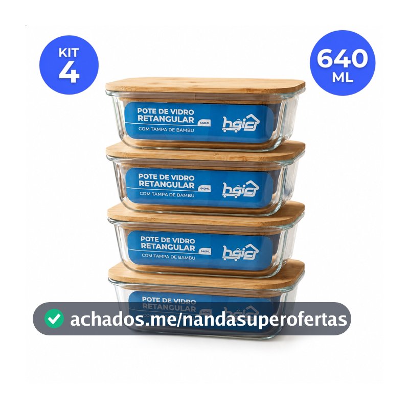 Kit 4 Potes de Vidro Herméticos 640ml Tampa de Bambu Retangular Marmita Forno Micro-ondas Freezer