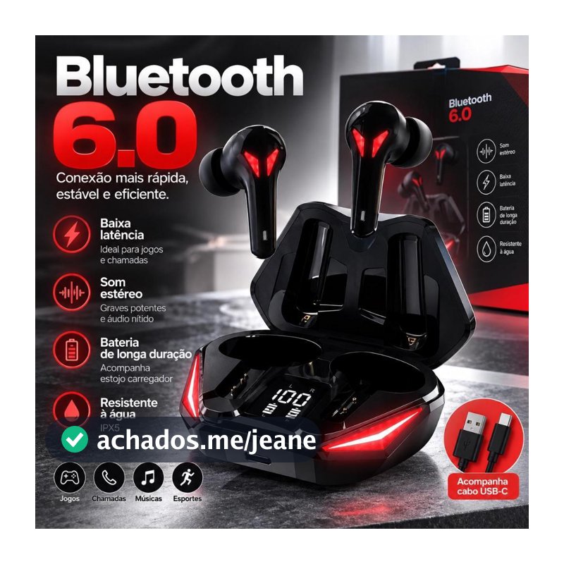 Fone Bluetooth Gamer TWS 6.0 BG3 RGB Sem Fio Baixa Latência Estéreo Microfone Estojo Display Jogos Música