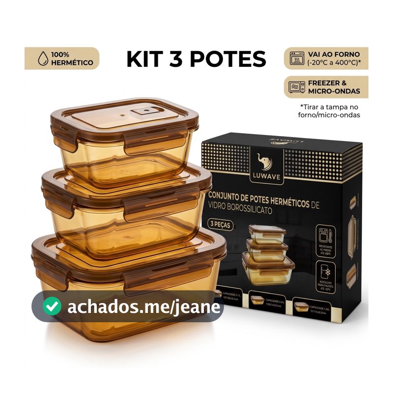 Kit 3 Potes Vidro Hermético Borossilicato Âmbar Marmita Fit Micro-ondas Forno Anti-Vazamento