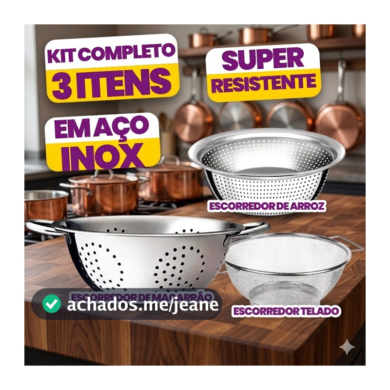 Kit Escorredores Massa + Arroz + Legumes Inox Alta Qualidade Premium Grande Utensilios Cozinha