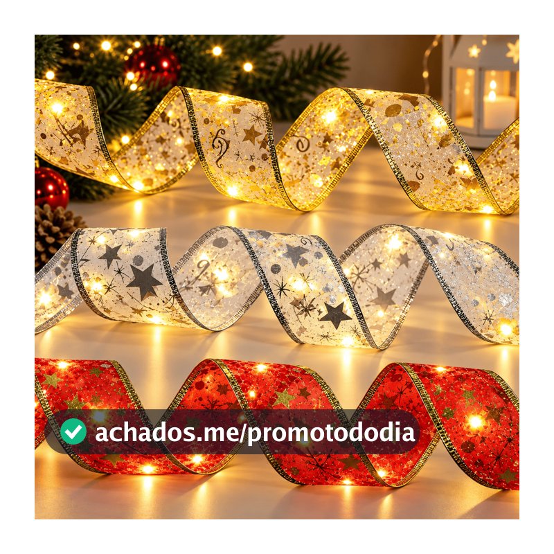 Fita De Natal Aramada com Luzes Decoração Natalina Árvore Laços Com LED Para Presente 4 metros Vermelha Dourada e Prata
