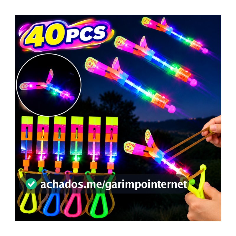 Kit 40 Helicópteros Voadores LED com Lançador Estilingue Brinquedo Voador Infantil para Crianças