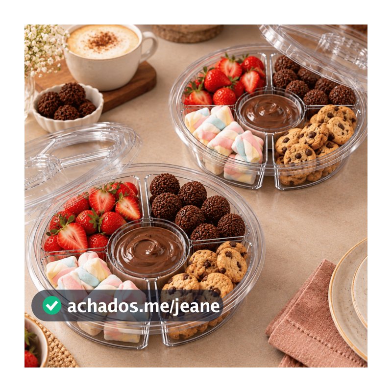 -10/20/50 EMBALAGENS PETISQUEIRA FUNDUE 19x4 C/ 4 DISÓRIAS + CENTRO G540 PLÁSTICO 400ML PET CRISTAL DOCES FRUTAS PETISCO