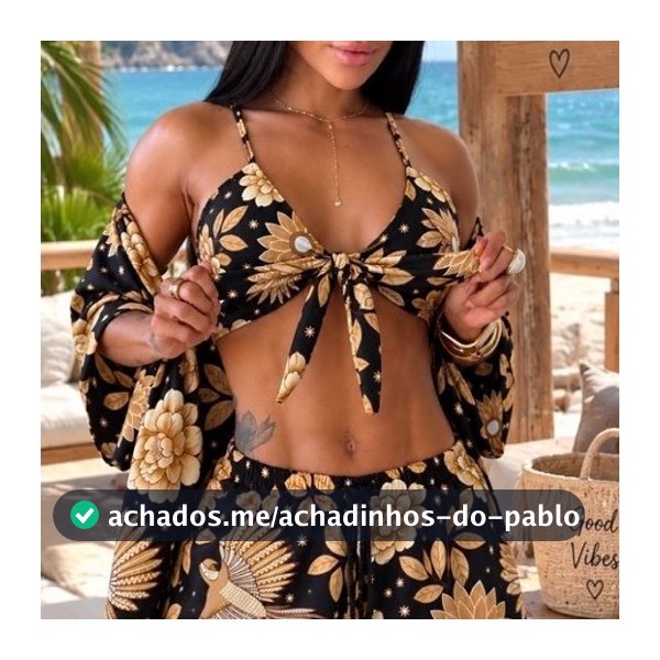 Conjunto Kimono Feminino 3 Peças Short Top com Bojo Viscolinho Casual Elegante Verão