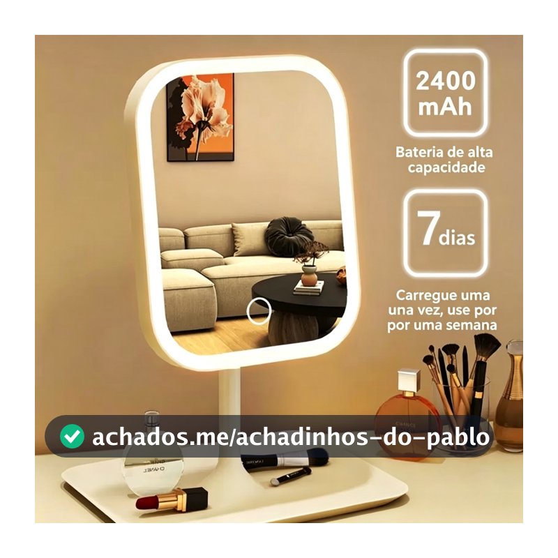 Espelho LED de Mesa Touch Recarregável USB para Maquiagem com Base Porta Objetos e 3 cores de luz