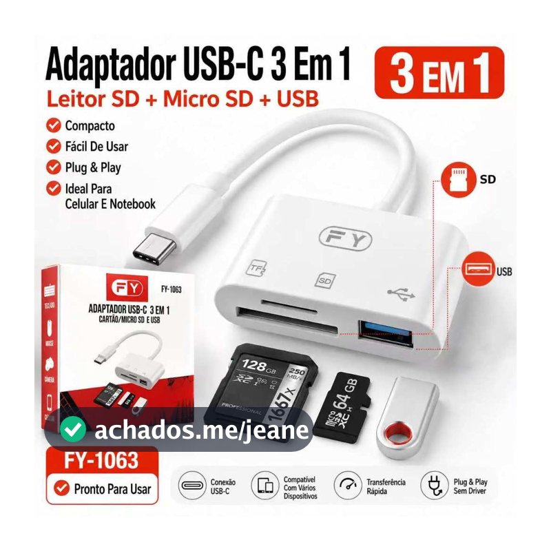 Adaptador USB-C 3 Em 1 Leitor De Cartão SD Micro SD Com USB