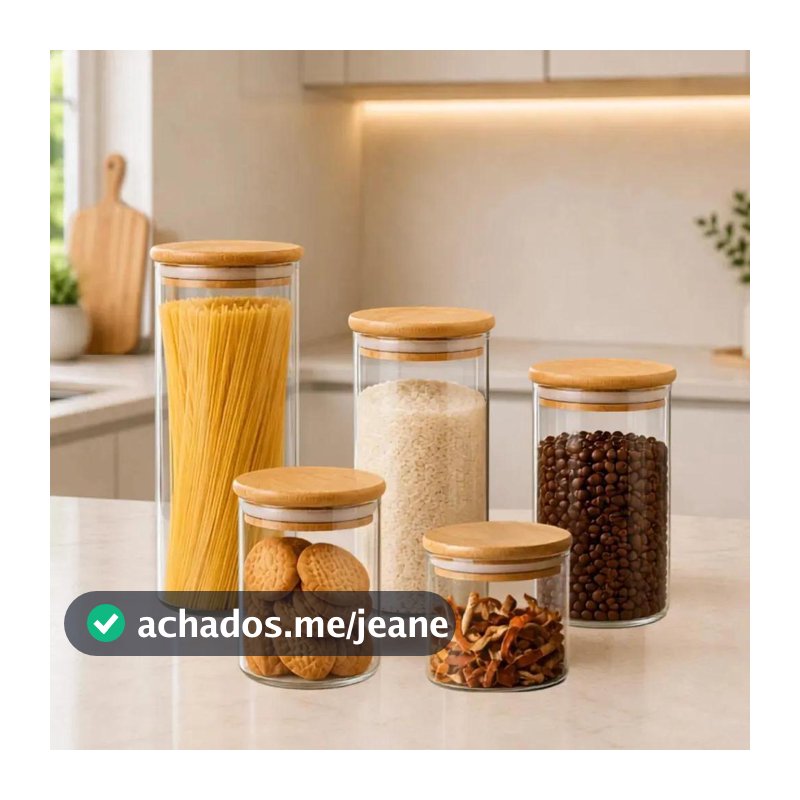 Kit 5 Potes De Vidro Herméticos Tampa Bambu Bacana Decor Porta Alimentos Mantimentos Temperos Redondo
