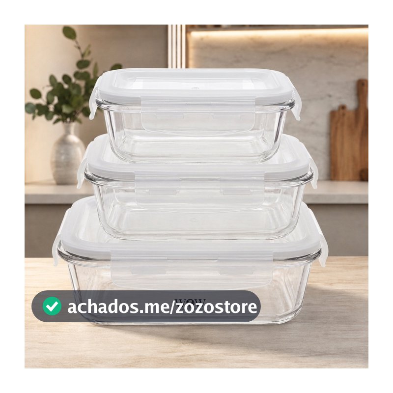 Kit 3 Potes De Vidro Hermético 320Ml 520Ml 800Ml Refratário