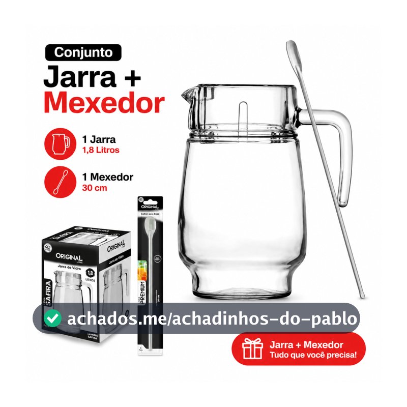 Jarra De Vidro Com Tampa Suco Água 1,8 Litro + Mexedor 30 cm  Original Line