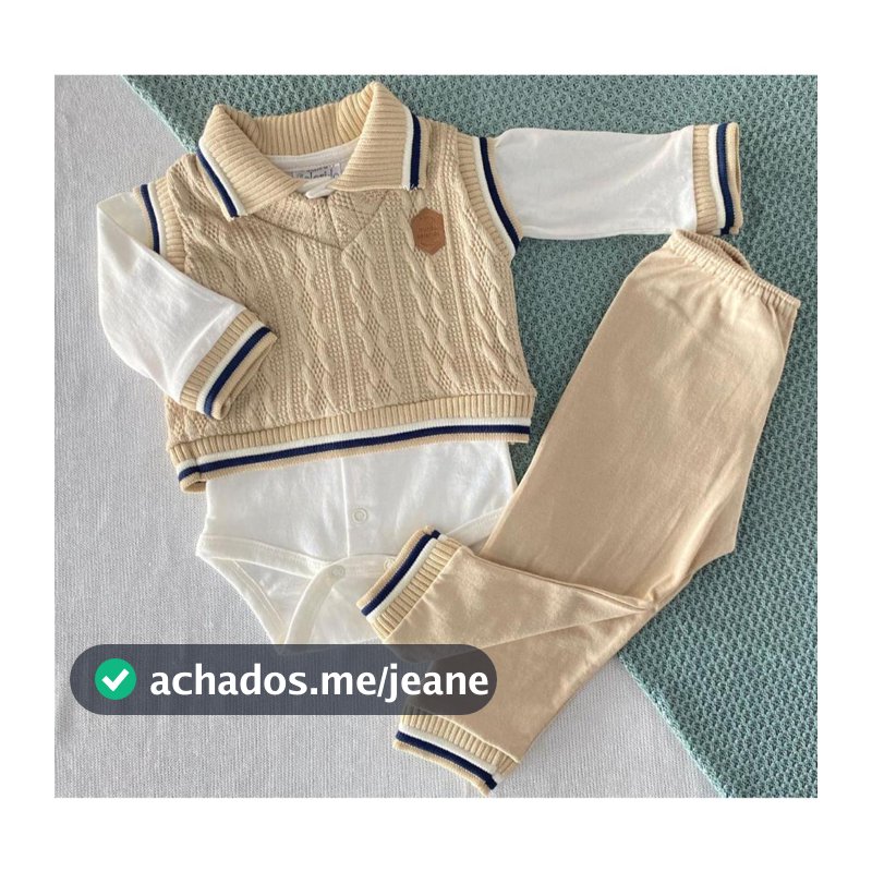 Conjunto Bebê Menino Luxo 3 Peças com Colete em Tricô, Body Manga Longa e Mijão | Enxoval Completo