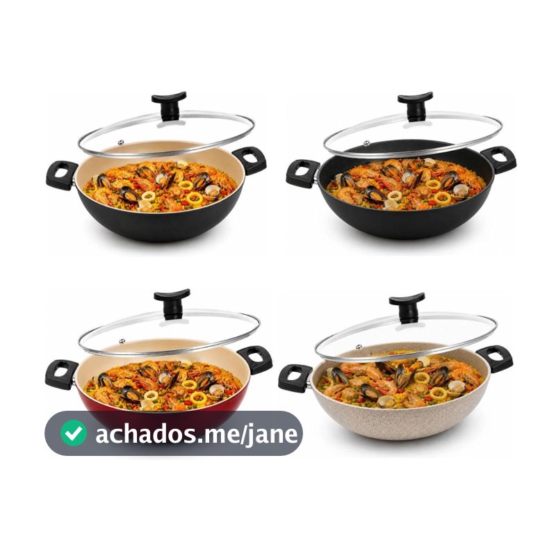 Frigideira Wok com Tampa 30cm Grande Alta Antiaderente Teflon de Vidro Caçarola paella paelleira