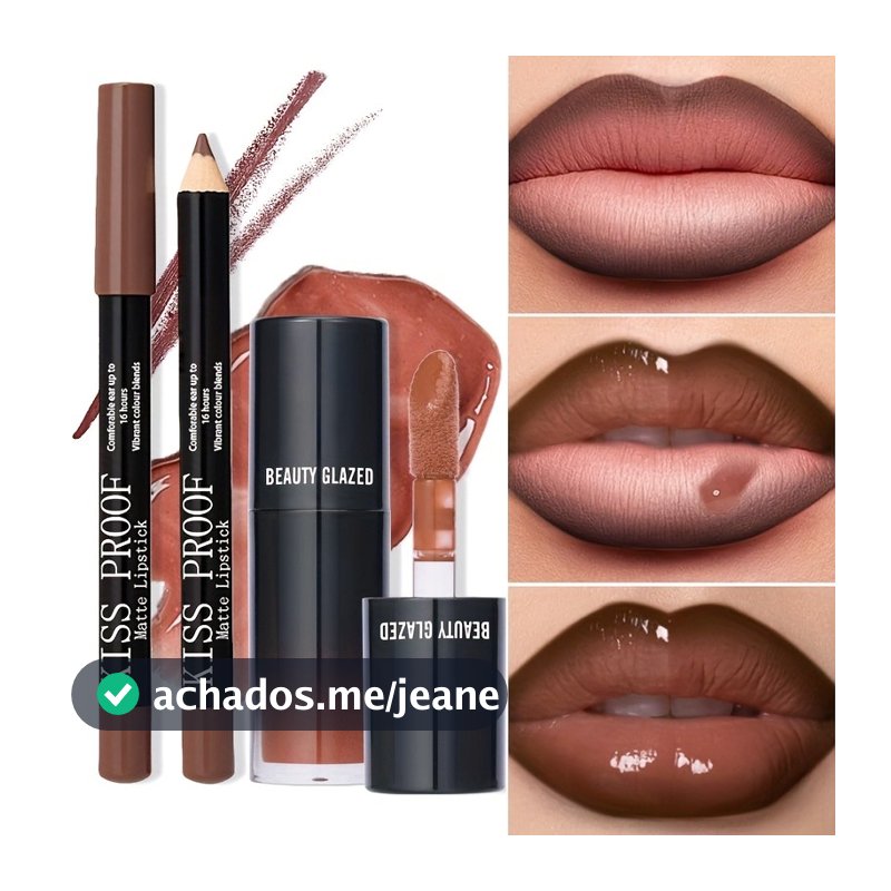 Conjunto Combo de 2 Brilhos Labiais - Marrom + Lápis Labial Grande, Óleo Labial Nude Brilhante Hidratante de Alto