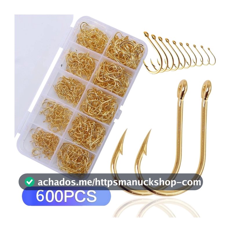 Kit Caixa de Pesca com 600 Anzóis Chinu Dourado #3 ao #12