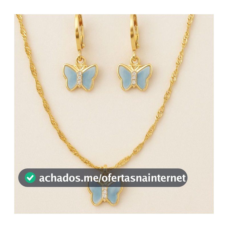 Conjunto Semijoia Banhado a Ouro Kit Colar e Brinco Borboleta Azul Infantil ou Adulto