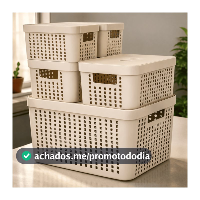 Kit 5 Caixas Organizadoras com Tampa Cesto Grande de Plástico 2 Litros 4,5 Litros 17 Litros
