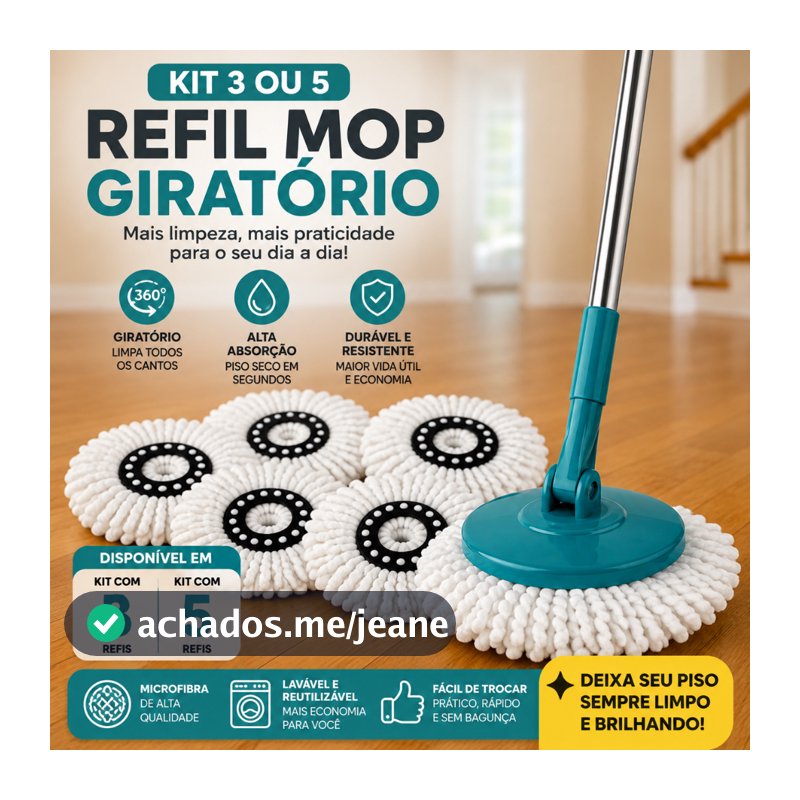 Kit 3 ou 5 Refil Mop Giratório 8 ou 13 Litros Limpeza Fácil Universal Balde Multiuso Piso Laminado