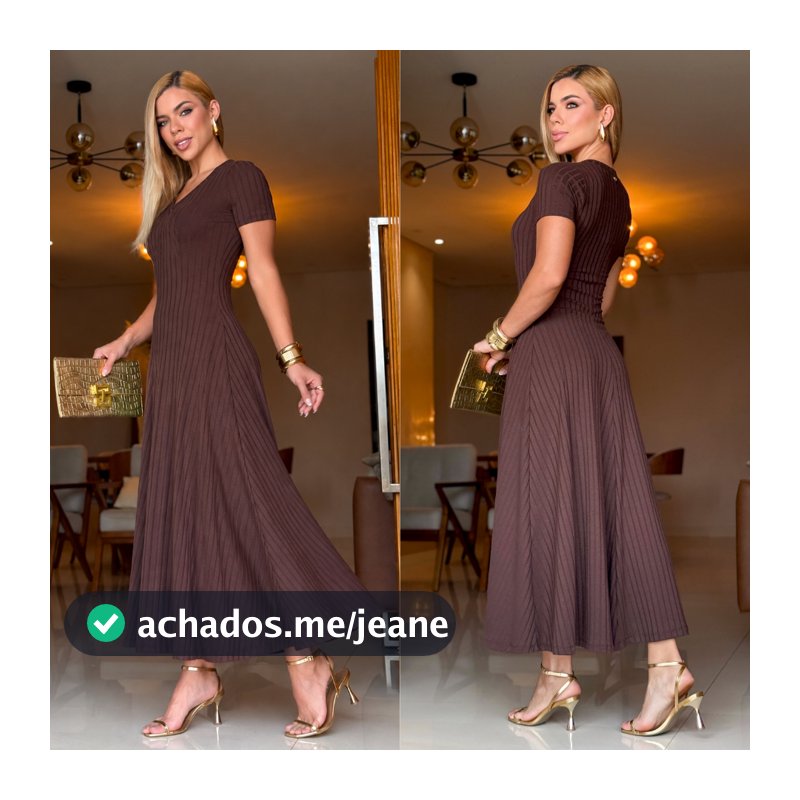 Vestido Feminino Midi Evasê Marrom Canelado Gola V Confortável Casual Elegante Clássica Evangélico