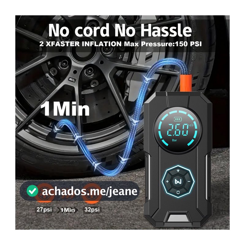 Mini Compressor de Ar Digital Calibrador de Pneu Profissional Portátil USB Recarregável C/lanterna