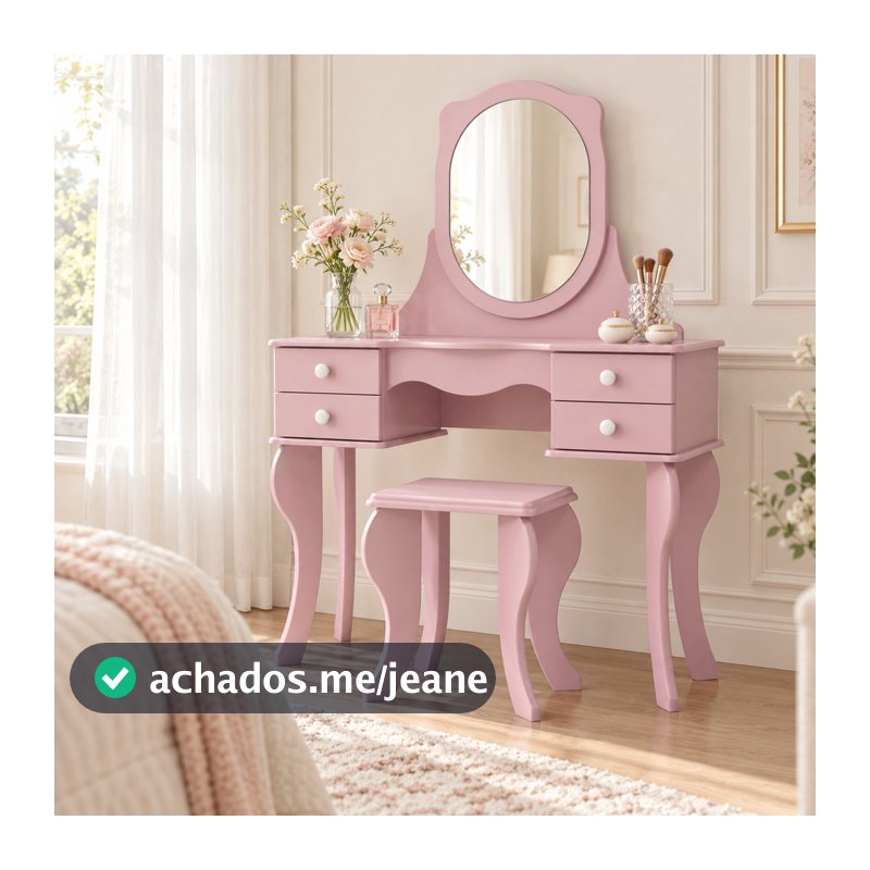 Penteadeira Princesa com Espelho e Banqueta 4 Gavetas para Maquiagem Quarto Infantil
