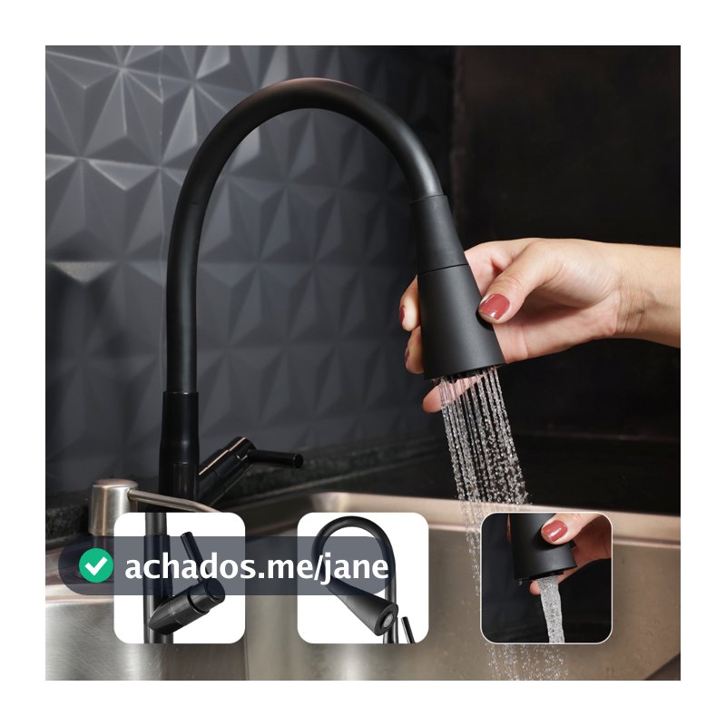 Torneira Gourmet Cozinha Bancada Preta Flexível 2 Jatos ABS Para Pia Mesa Área Gourmet Alta Moderna