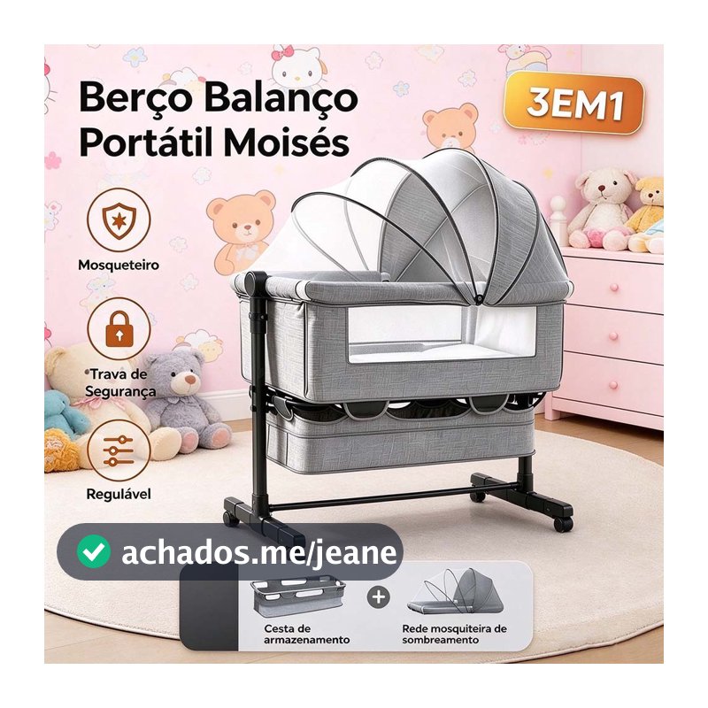 Berço Balanço Portátil com Mosquiteiro, Trava de Segurança Regulável, para Bebês até 3 Anos, Escolha da Mamãe