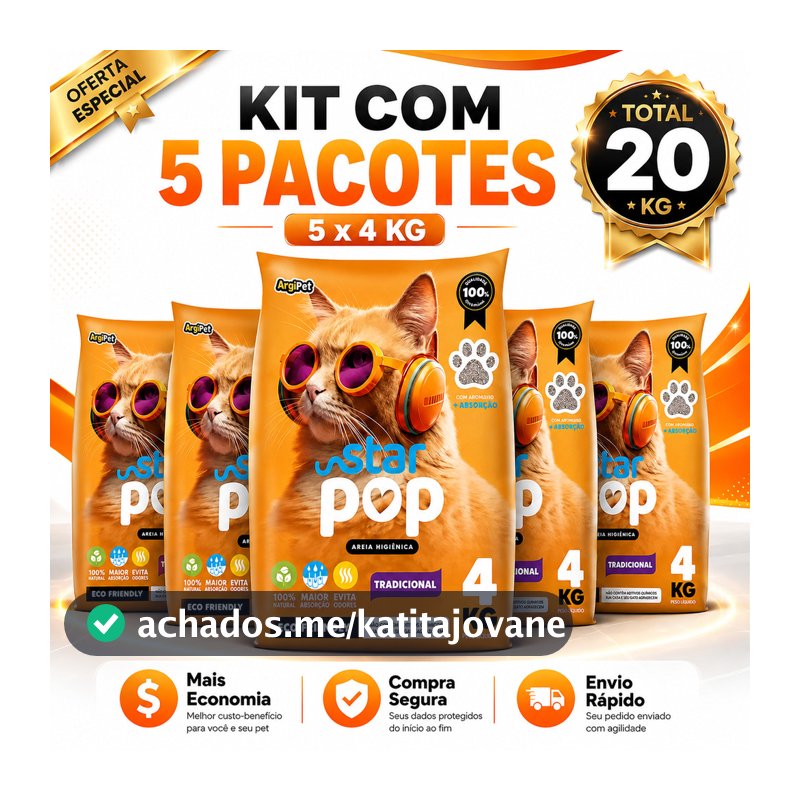 20KG Areia Higiênica para Gatos  StarPop Tradicional Kit 5x4kg Argila Natural Absorvente Antiodor