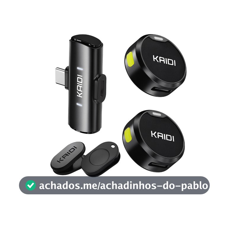 Microfone Lapela Sem Fio Duplo Kaidi Profissional Portátil Imã Redondo Anti Ruído Tipo C iPhone Gravação Celular