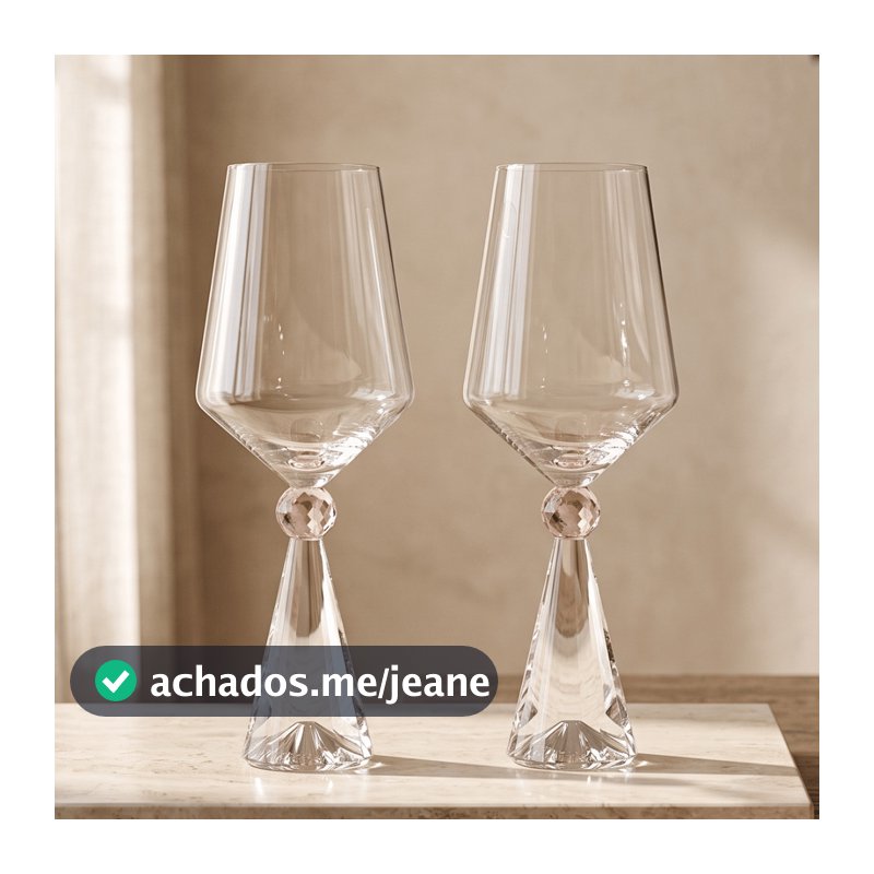 Jogo 2 Tacas Diamond Vidro Haste Lapidada Detalhe Rosa 595ml 25x9cm Vinho Agua Mesa Posta Cristaleira Luxo