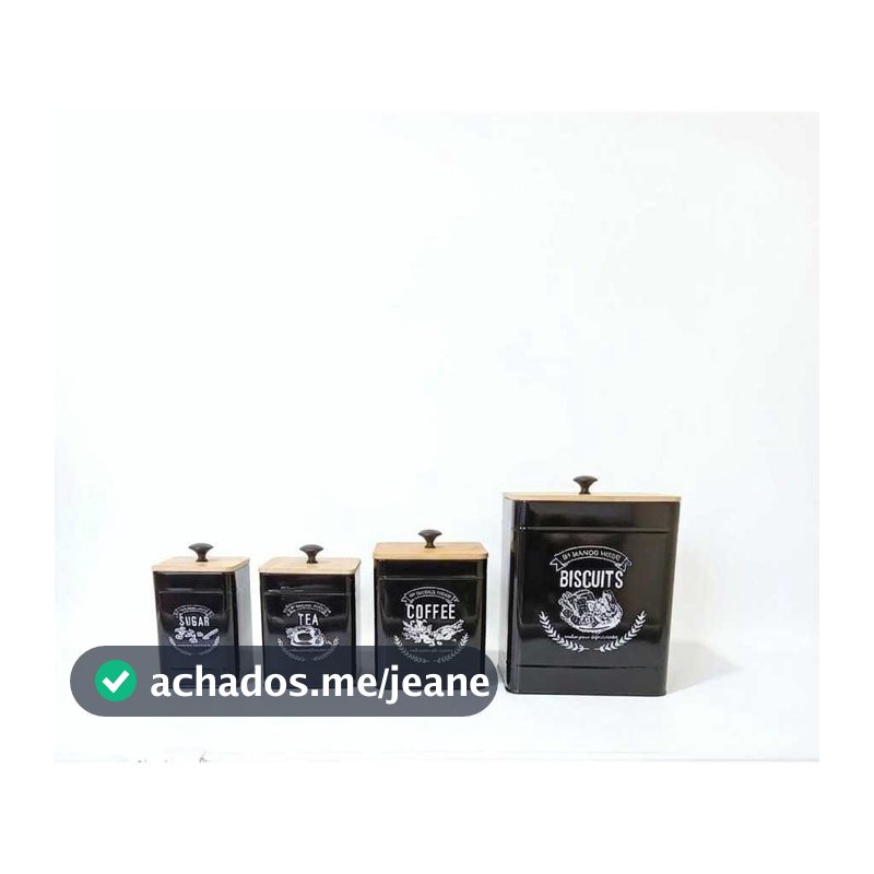 Kit Porta Pão Açúcar Café E Chá Preta De Metal Tampa de Madeira Hermético Inox Premium Mesa Posta