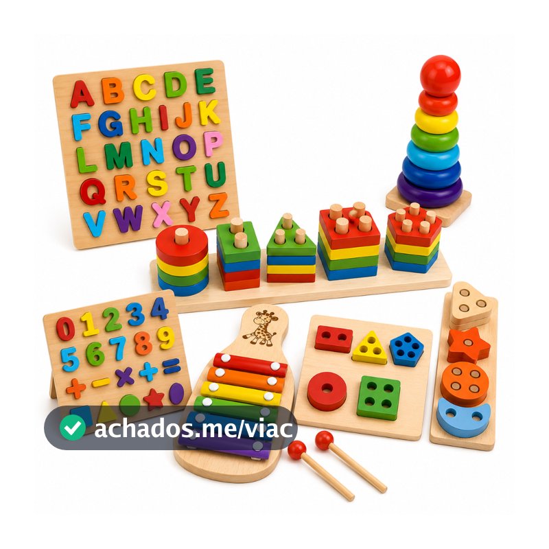 Kit de Brinquedo Educativo Montessori de Madeira - Formas Geométricas - 3 Jogos