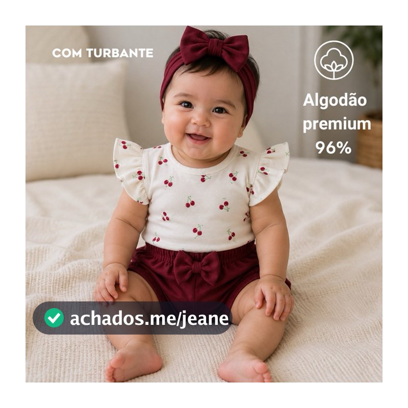 Conjunto Bebê Menina verão Body e Calça ou Shorts Algodão Premium com Turbante | Verão e Meia Estação