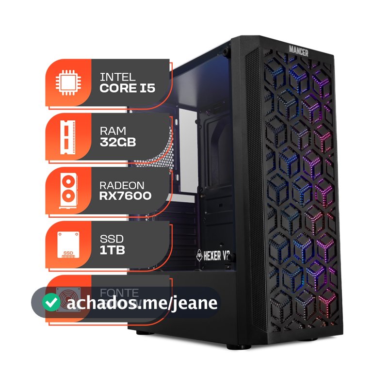 PC Gamer Spectrum, Intel i5-10400F, Radeon RX 7600 8GB, 32GB DDR4, SSD 1TB, Fonte 500W 80 Plus