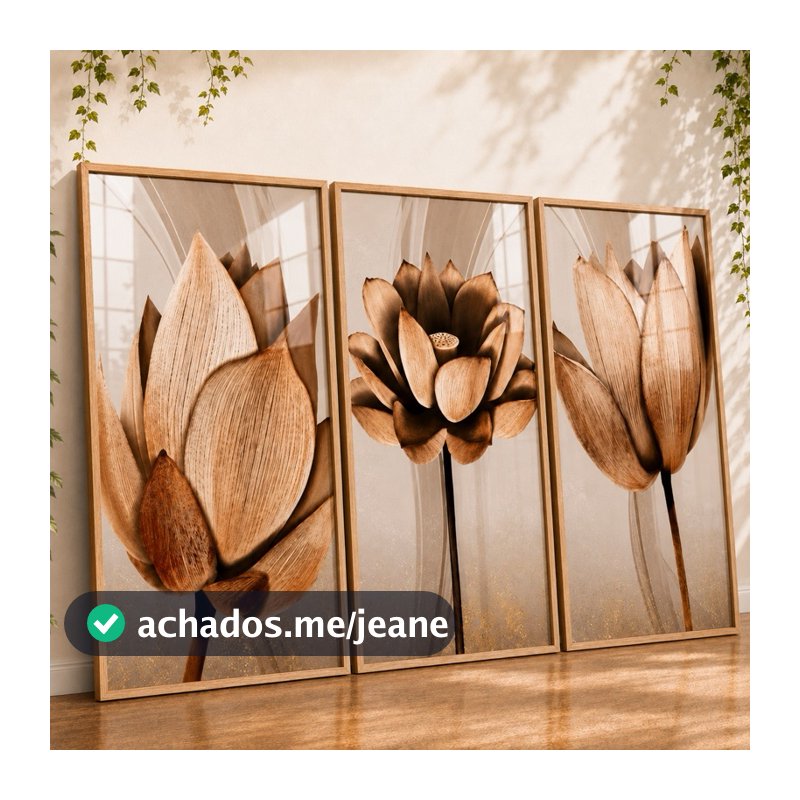 Kit Quadros Decorativos Flores Cobre Gold 3 Peças Luxo Moderno Para Sala Quarto