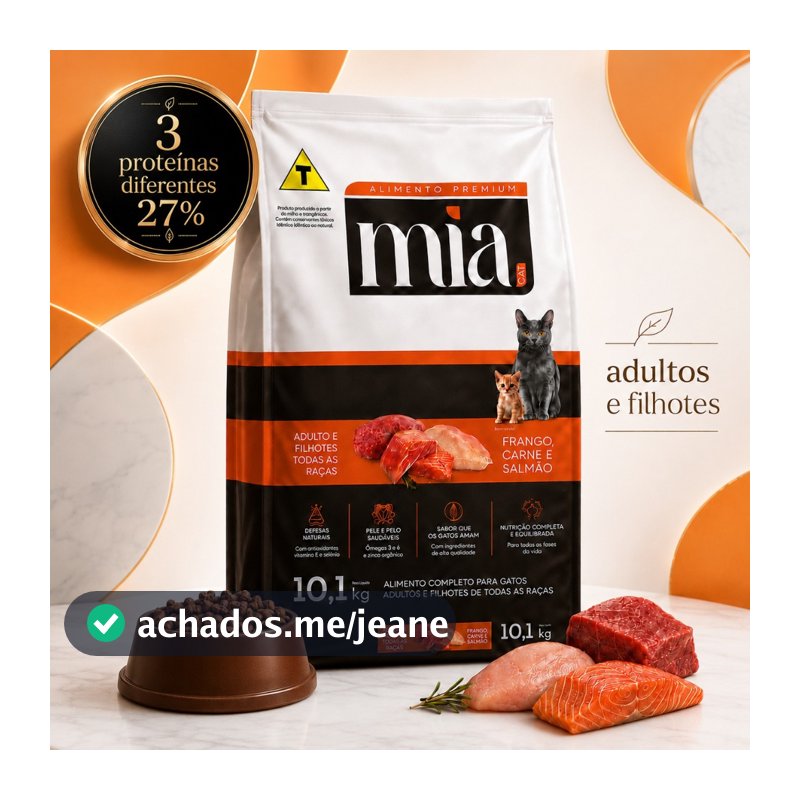 Ração Gato MiaCat 10,1kg Todas As Raças Filhote e Adulto 27g Proteína Sem Aromatizante Artificial