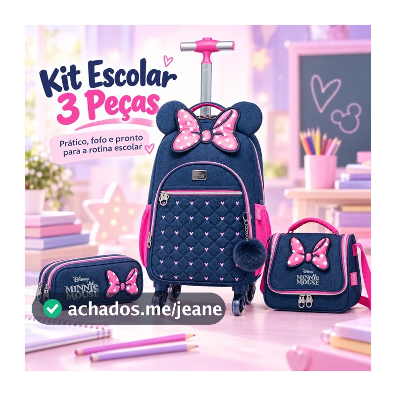 Kit Mochila de Rodinhas Minnie Disney Infantil Escolar com Lancheira e Estojo