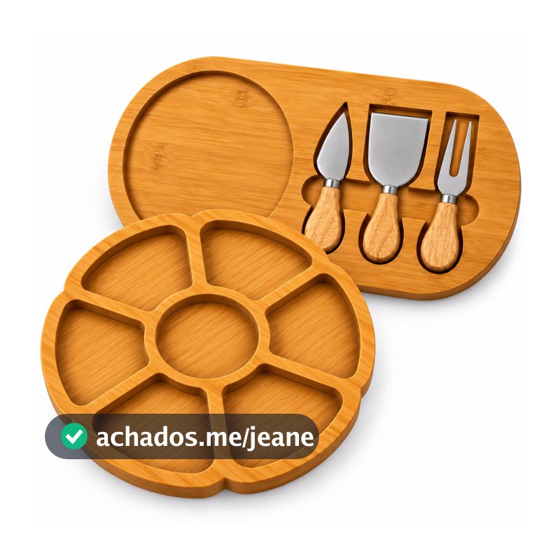 Kit Petisqueira 7 Divisórias + Tábua de Queijos e Frios 5 Peças MDF com Utensílios para Petiscos Aperitivos Vinho