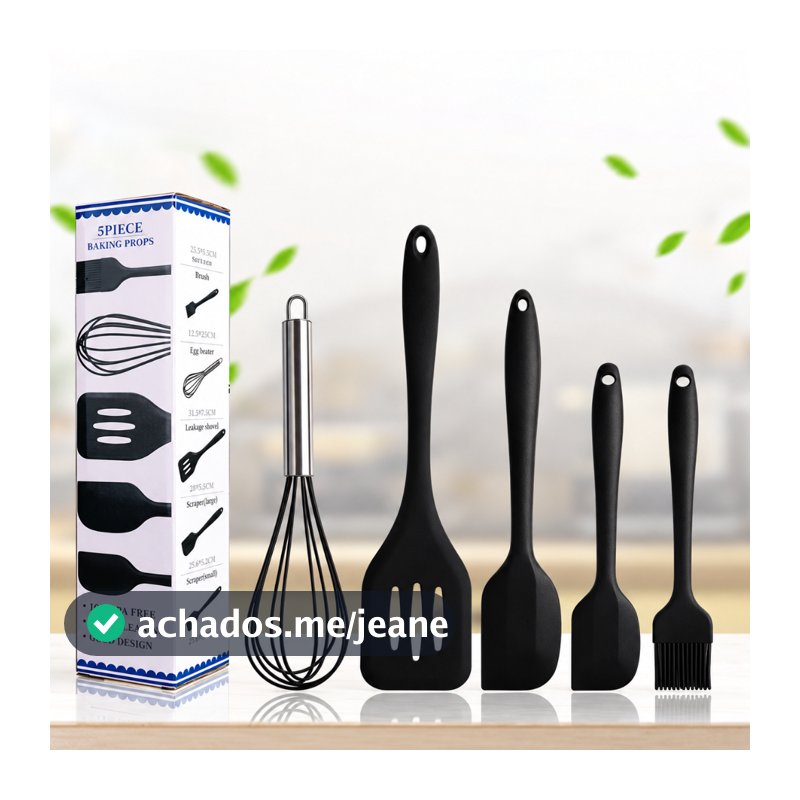 Kit Utensílios de Cozinha 5 Peças em Silicone com Espátulas, Fouet e Pincel Culinário