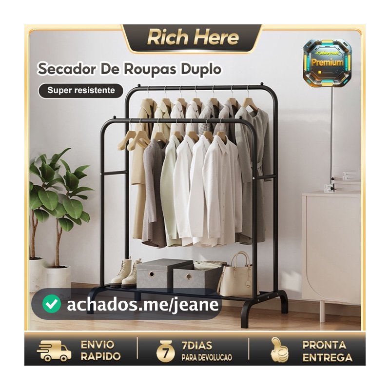 Cabideiro arara de Chão com Sapateira - Rack Organizador Portátil e Regulável para Roupas e Calçados ZH025-ZH026