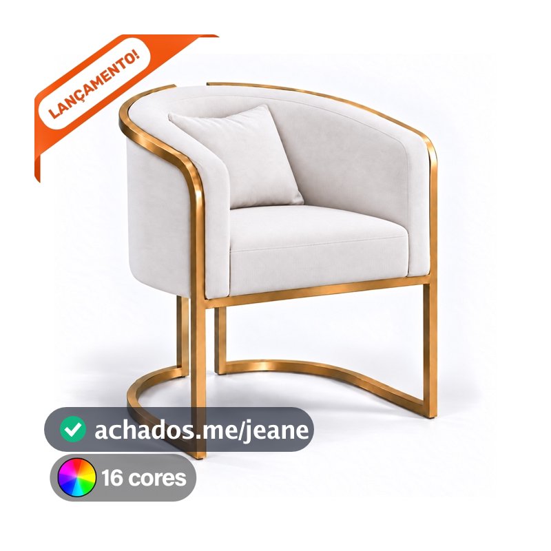 Poltrona Para Sala Decorativa Lavinia Luna com Almofada Base de Ferro Dourada Suede Aninha Decor