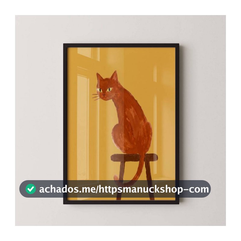Quadro Decorativo Arte Minimalista Gato Sentado no Banco Com Moldura