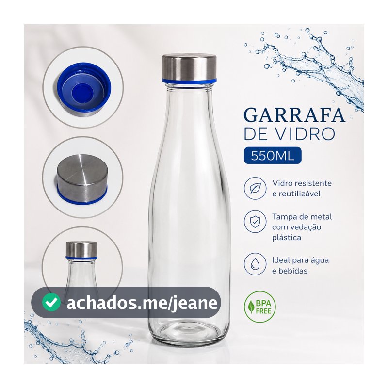 Garrafa de Vidro 550ml Reutilizável Tampa Metal Vedação Antivazamento BPA Free Água e Suco