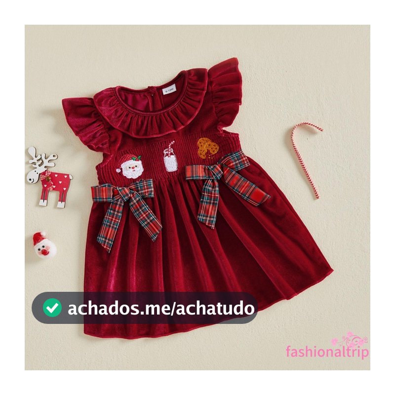 [FaSh] Vestido Infantil Feminino De Natal Com Manga Voadora E Laços Bordados Em Linha A
