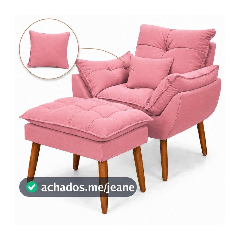 Kit Poltrona Puff + Almofada Tecido Suede Pés Palito Sala Quarto De Bebê Rack - Móveis Trida