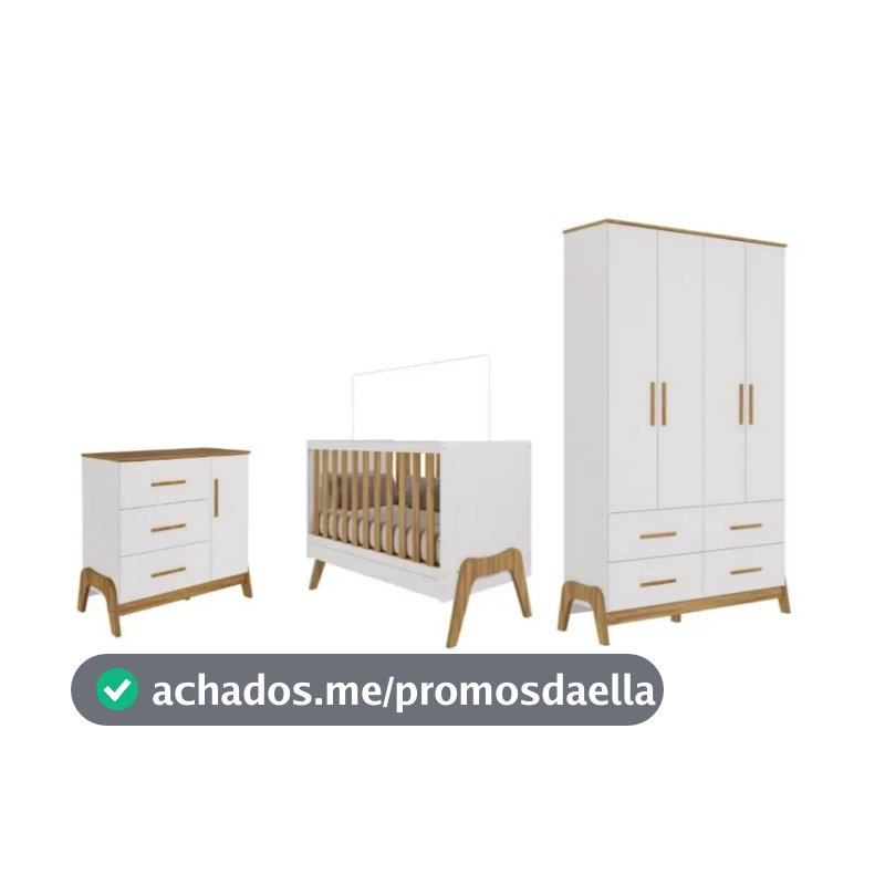 Quarto de Bebê Infantil Retro Guti Berço 5 em 1 Cômoda Roupeiro 100%MDF Branco Brilho Amêndoa Peroba
