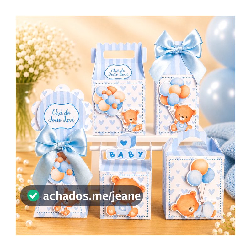 Kit FestaChá de Bebê Ursinho Azul Vintage  Personalizado Pegue e Monte Lembrancinhas Festa Infantil